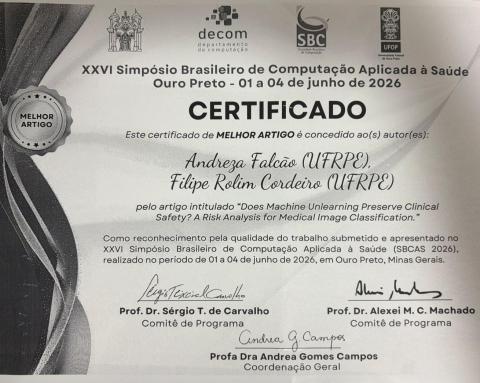 Certificado do Prêmio de Melhor Artigo no XXVI Simpósio Brasileiro de Computação Aplicada à Saúde (SBCAS 2026), em Ouro Preto.